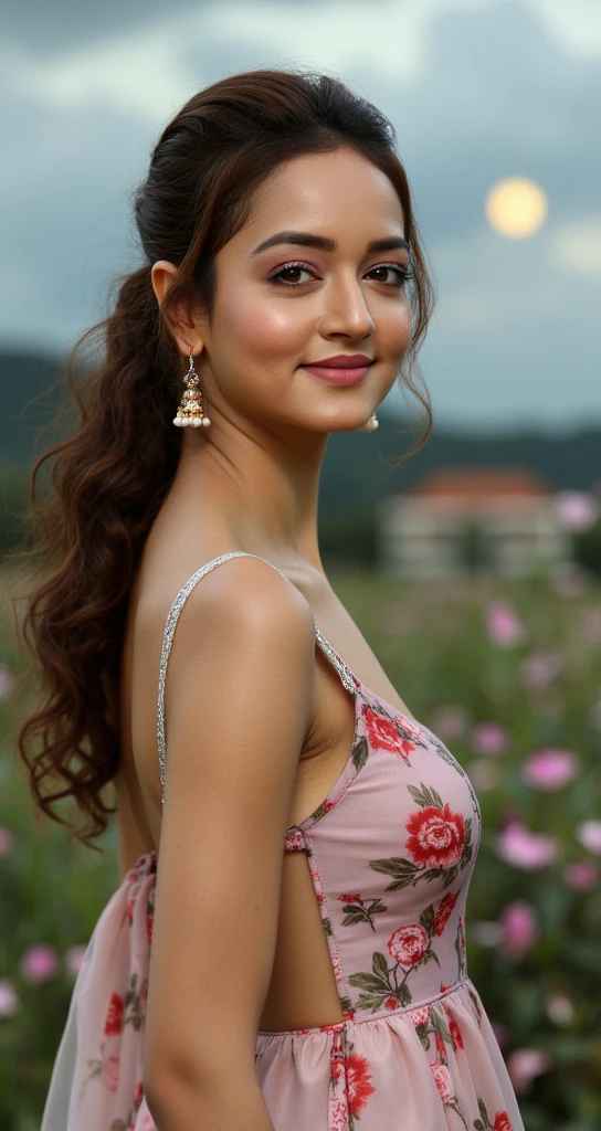 masterpiece, best quality, 1girl, (colorful),(finely detailed beautiful eyes and detailed face),cinematic lighting,bust shot,extremely detailed CG unity 8k wallpaper,,solo,smile,intricate skirt,((flying petal)),(Flowery meadow) sky, cloudy_sky, building, moonlight, moon, night, (dark theme:1.3), light, fantasy,pooja1