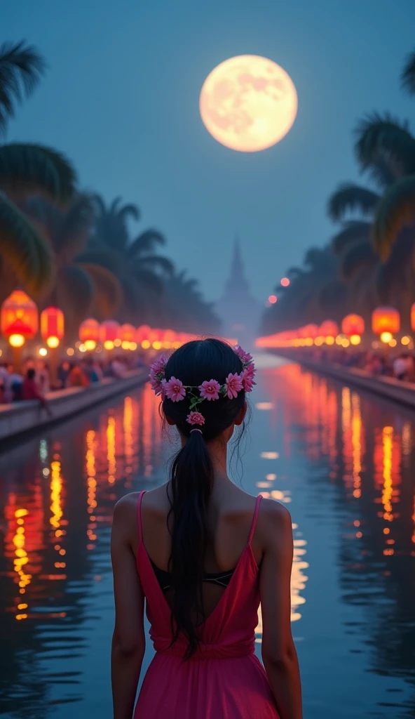 Eye-level angle (from behind) view Extreme Distance shot,floating lantern festival on a cosmic river with reflections of lights,racerback bra, highly detailed skin with hair,fit