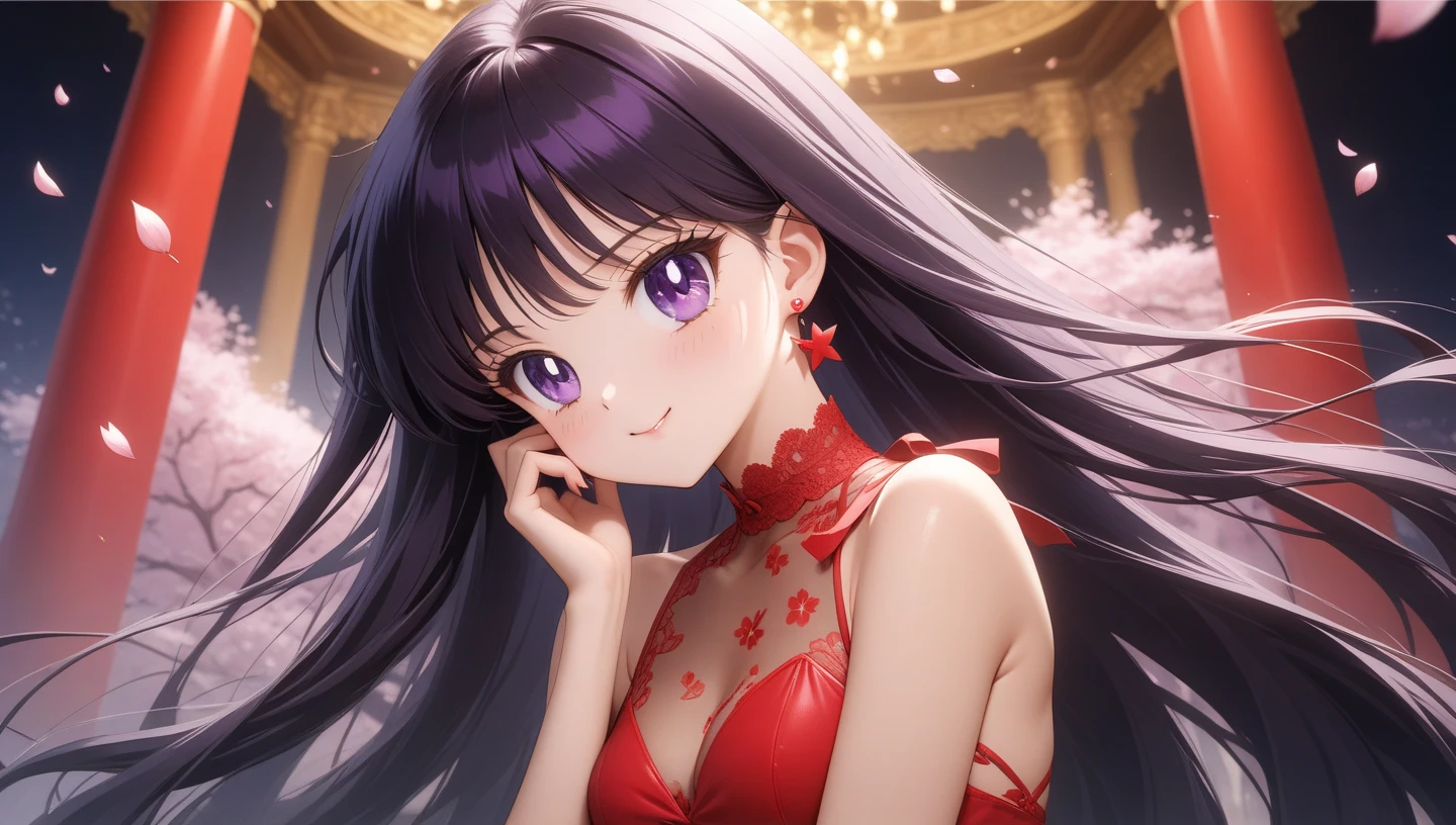 colorful, (masterpiece, best quality, very aesthetic , ultra detailed), intriguing details , 4K, long hair, black hair, hair combed to the side, earrings, purple eyes, small breast, hand on own face, 1girl, usagi's birthday, cute red dress with neck, white cherry blossoms printed, smile, black belt, detailed background, intricate details, black night, Various sexy poses, Depicts the whole body