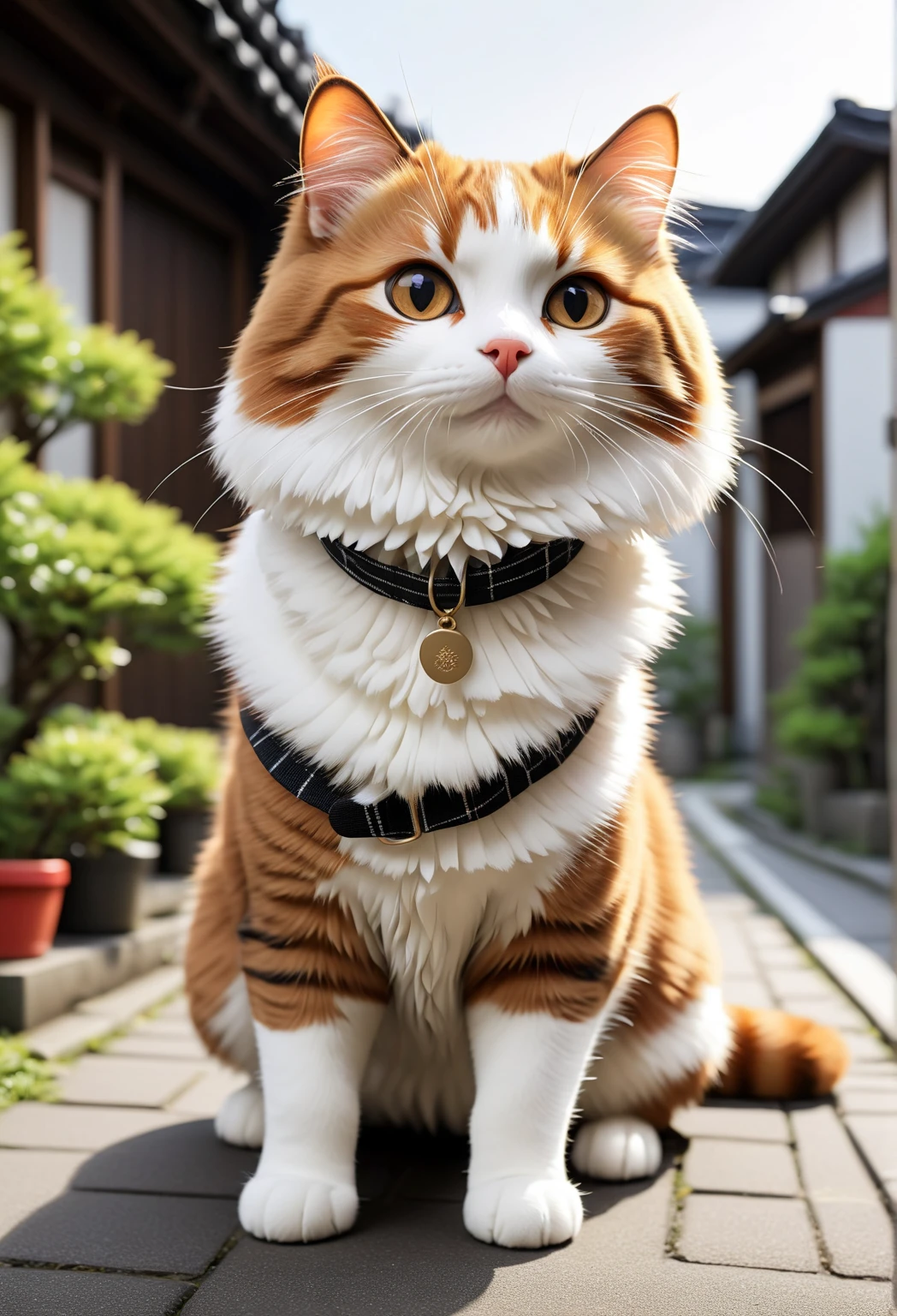 Cat breed：mix（hybrid）
Coat color and pattern ：brown and white two-tone
outfits： simple black team uniform
Physical characteristics ： slightly rounded face and simple eyes
accessory：A small cloth collar around the neck
posing： holding up even though they are a little uneasy
Features ： Simple and Friendly 、 love that makes you want to cheer
background ： Japanese House Townscape
Light 、Vivid colors
high resolution, masterpiece,  best quality, sophisticated design , 
 Advanced Writing Techniques ,  Photorealistic 8K Quality 　Fluffy cat