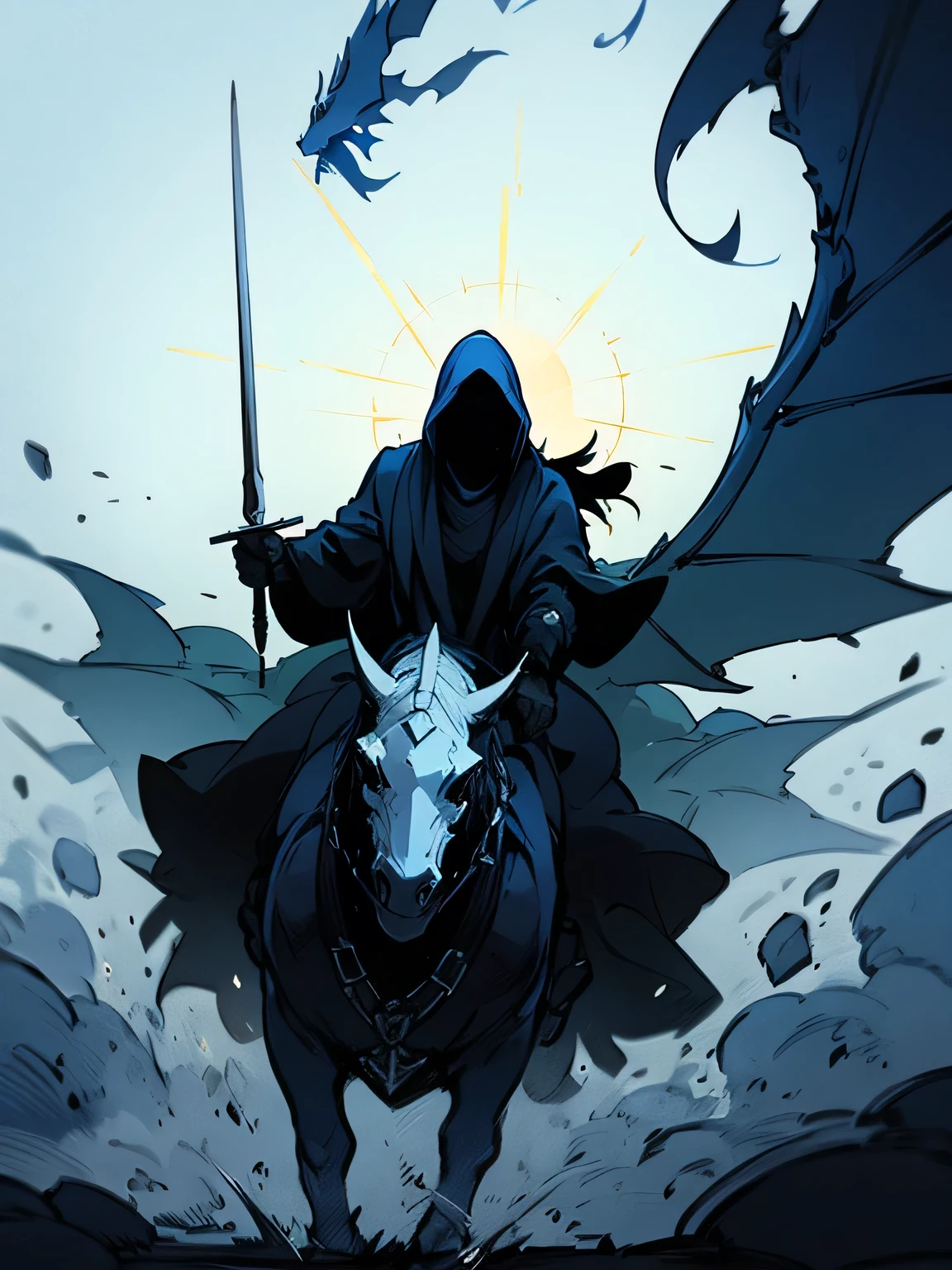 solo, (nazgul), riding a dragon, holding a sword, hunting, adventure, I am the main character: 1.3, dynamic angle, (manga style), (sketch), (illustration),