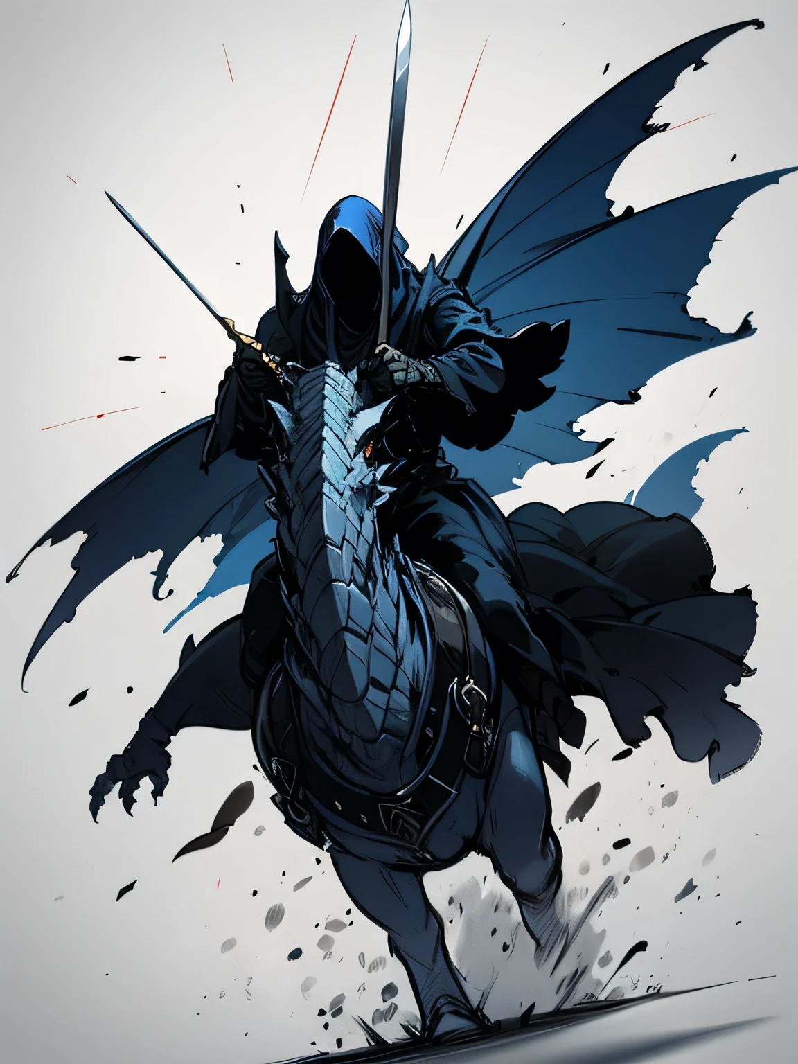 solo, (nazgul), riding a dragon, holding a sword, hunting, adventure, I am the main character: 1.3, dynamic angle, (manga style), (sketch), (illustration),