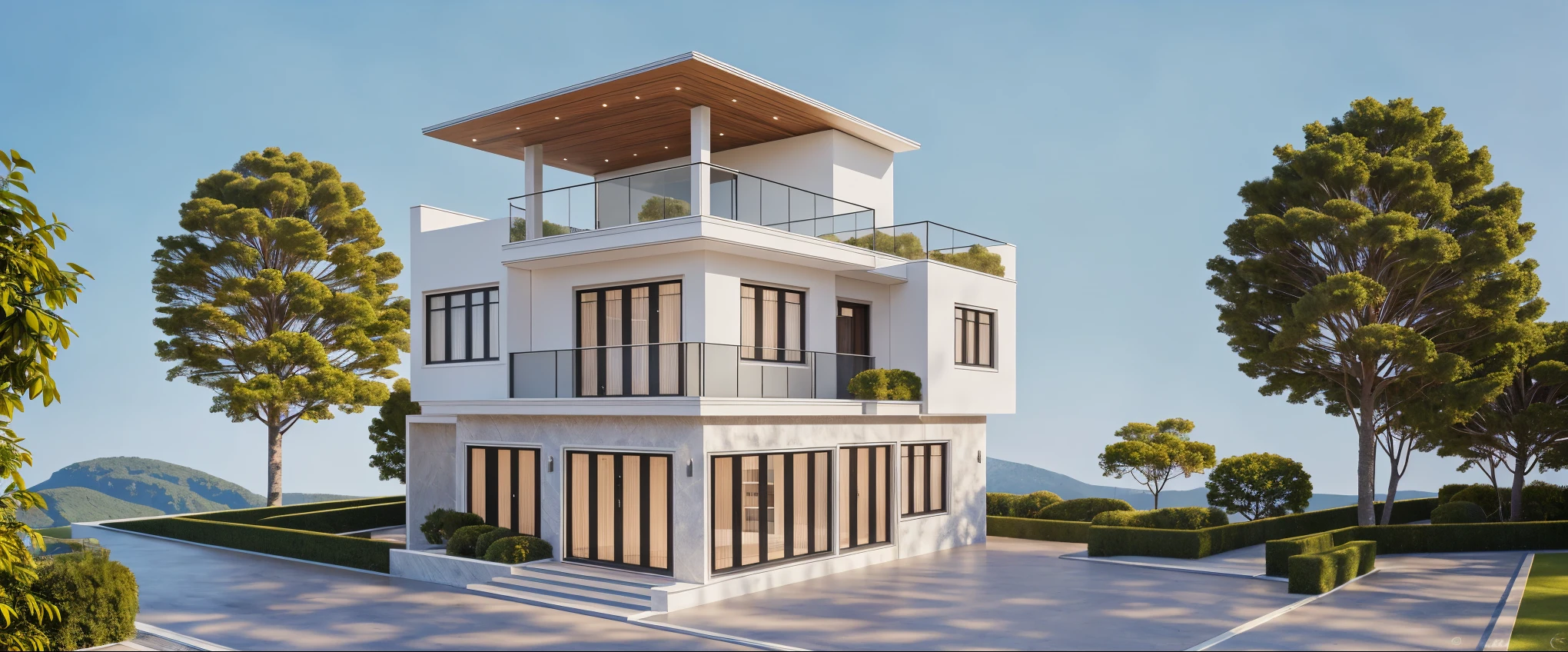 PLATFORM KTHOUSE, 1 morden WHITE house,1large yard, 1 road runs in front of the house, (RAW photo, real, best quality, masterpiece:1.2), look morden minimalist, 1 road in front of the house, dynamic lighting:1.3, (hyper realistic, photo-realistic:1.2), high quality, (dark lighting:1.2), perfect lighting, archdaily, no human, light at 12 noon, warm light in door:1.4, blue sky:1.3, shimering lighting:1.2