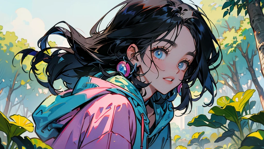 "80s anime style, featuring a single character: an adult woman with long, straight black hair, wearing a trendy hoodie. She is in a park, listening to music with headphones, bathed in sunlight, surrounded by a calm and quiet atmosphere under a bright and simple sky."