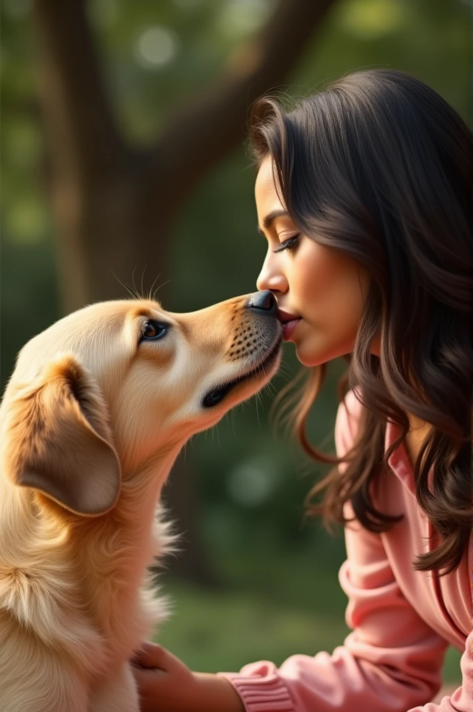 there is a woman holding a dog in her arms, kissing together cutely, unconditional love, gentle calm doting pose, lovely kiss, aww, with dogs, very very low quality picture, kisses are wordless spells, 📷 mungojerrie and rumpleteazer, by Emma Andijewska, pet animal, kissing together, by Amelia Peláez, cyberpunk, ultra relistic, 8k, 3d..