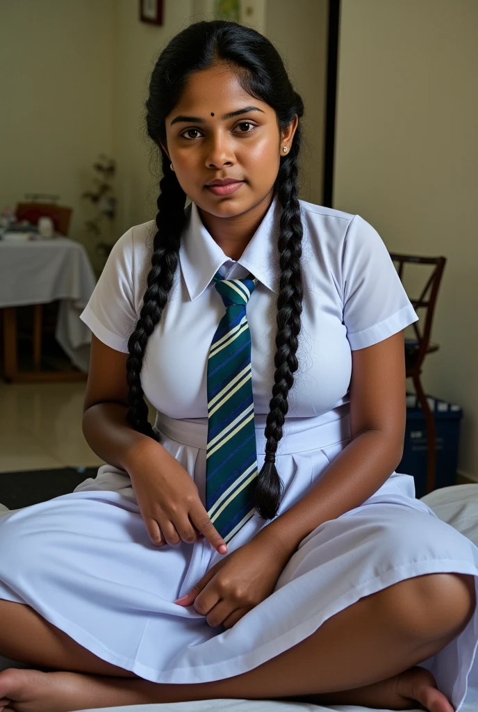 beautiful cute Sri Lankan school girl, in barefoot, Large breast size , medium size body, , wearing a white frock and a colored tie. She has plaits, black braided long hair, cinematic lighting, glowing, movie filter, moody effect, thick body, beautiful Sri Lankan girl face, dark skin tone, oily skin, sitting on the bed