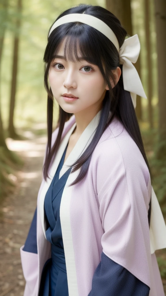 An ultra realistic depiction of Hinata Hyuga from the Naruto series, featuring her distinct lavender-toned eyes with a soft glow due to her Byakugan abilities. She has long, dark indigo hair that cascades down her shoulders, with bangs framing her gentle, determined face. Her expression is calm and compassionate, showcasing her kindness and strength. Dressed in her iconic light lavender and cream-colored jacket with navy accents, A headband protector with konoha emblem on her neck, she stands against a soft, blurred background of a traditional Japanese village or forest.