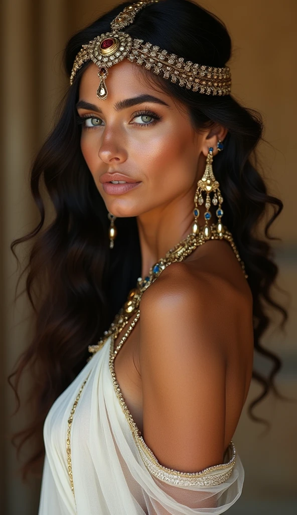 award winning ((full length)) glamour photograph, front lit,
gorgeous seductive cleopatra, flawless Grecian features, rounded chin, the full, rich lips, chiseled nostrils, low, broad, and lovely forehead, crisped, dark hair falling in heavy waves, arched eyebrows, long, bent lashes. violet eyes, standing in front of Egyptian palace, nile river in background, wearing open, skintight, see-thru ((white silk tunic)) open exposed breasts and pubis, ((pubic hair)), big breasts 1.3, wearing (emerald amulet), gold Egyptian crown on head, violet eyeshadow, ((petite breasts)), extremely detailed skin, golden ratio,
RAW, analog, Nikon Z 85mm, detailed facial features, high detail, sharp focus, smooth, aesthetic, extremely detailed, photo_\(ultra\), photorealistic, realistic, post-processing, max detail, roughness, real life, ultra realistic, photorealism, photography, 8k uhd, photography, perfect hands