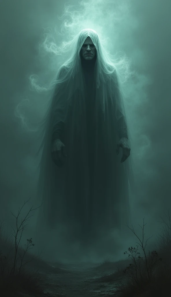 Shrouded Specter: A ghostly entity draped in tattered, flowing robes that blend seamlessly with swirling fog. Its face is obscured by a dark hood, with only its glowing, malevolent eyes visible.