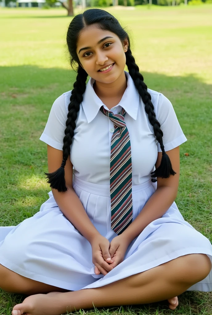 beautiful cute Sri Lankan school girl, in barefoot, Large breast size , 20 years old, wearing a white frock and a colored tie. She has plaits, black braided long hair, barefoot, correct anatomy of feet and other body parts, feet focus, sitting on the floor