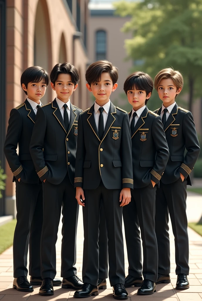 a young boy in school uniform, three young boys in school uniform standing, extremely detailed eyes and face, beautiful detailed lips, detailed uniform, vivid colors, warm lighting, realistic, photorealistic, photo-realistic:1.37, best quality,4k,8k,highres,masterpiece:1.2,ultra-detailed,realistic photo