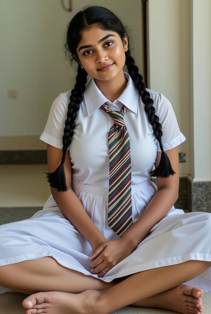 beautiful cute Sri Lankan school girl, in barefoot, Large breast size , 20 years old, wearing a white frock and a colored tie. She has plaits, black braided long hair, barefoot, correct anatomy of feet and other body parts, sweaty soles focus, sitting on the floor film grain filter, cinematic