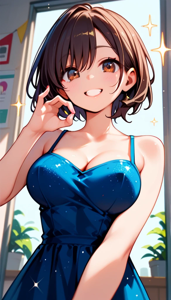 (score_9, score_8_up, score_7_up, score_6_up, score_5_up, score_4_up, just describe what you want, tag1, tag2, highest quality, Best quality, masterpiece,) BREAK she has medium breasts, (((perky breasts))), ((covered nipples)), (cleavage) BREAK , slender waist, skinny, baby face , round face, brown eyes , BREAK (grin, ( happy), (half open eye), (parted lips), ) BREAK (messy chignon , hind hair, )  BREAK ((((extremely extremely extremely close-up face, bust-up shot, looking at viewer, from below)))), (((1 lady is putting hand on between legs and under breast, she is wearing sheer casual dress, cropped shoulders, separate breasts, dropped breasts, scooping handful gesture with hands nearby her chin , sparkle, glitter, polaroid phot style ))),