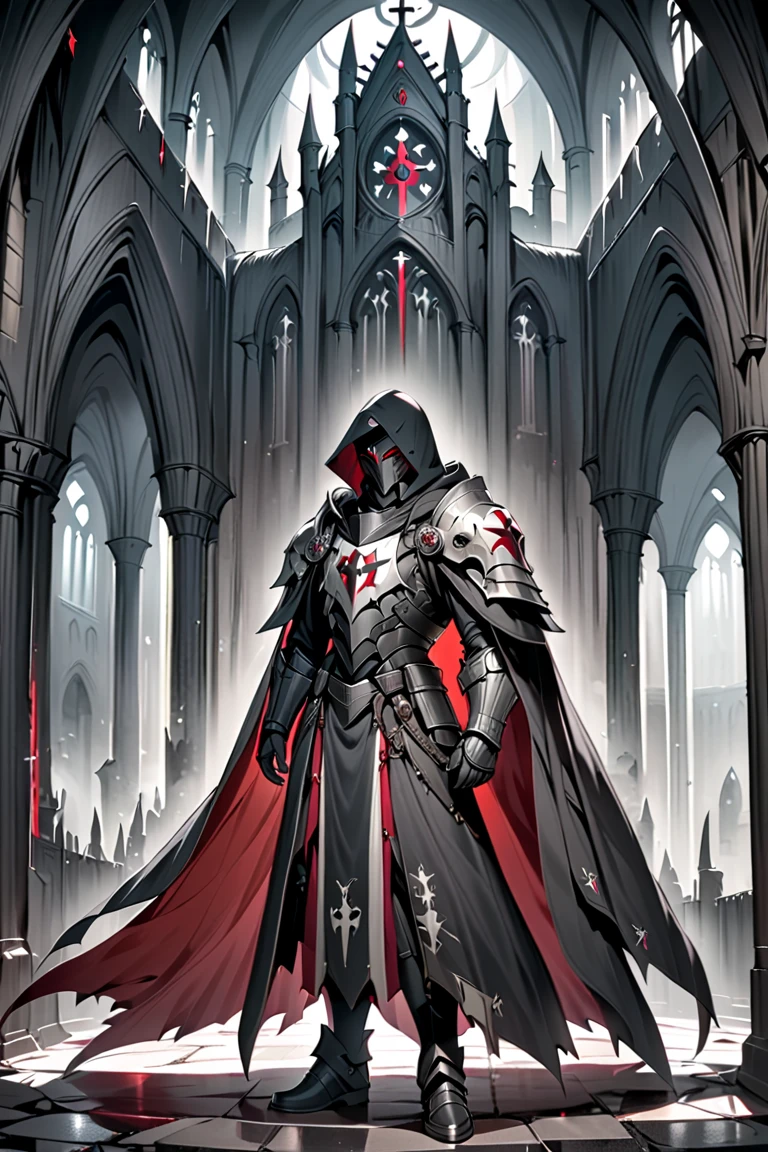  Templars , male, Red Eyes, Wearing a hood,  wears heavy armor,Dark knight cloak style ,  background dark dark dark church,Full body picture.  height detail 