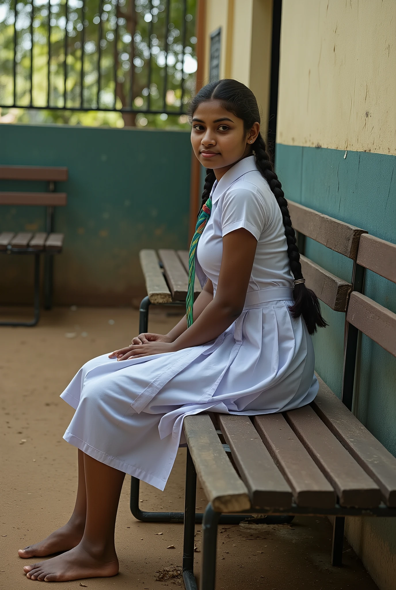 beautiful cute Sri Lankan school girl, in barefoot, Large breast size , medium size body, , wearing a white frock and a colored tie. She has plaits, black braided long hair, cinematic lighting, glowing, movie filter, moody effect, thick body, beautiful Sri Lankan girl face, dark skin tone, oily skin, sitting on a bench at corner of a school playground, dusty environment, dusty sweaty feet