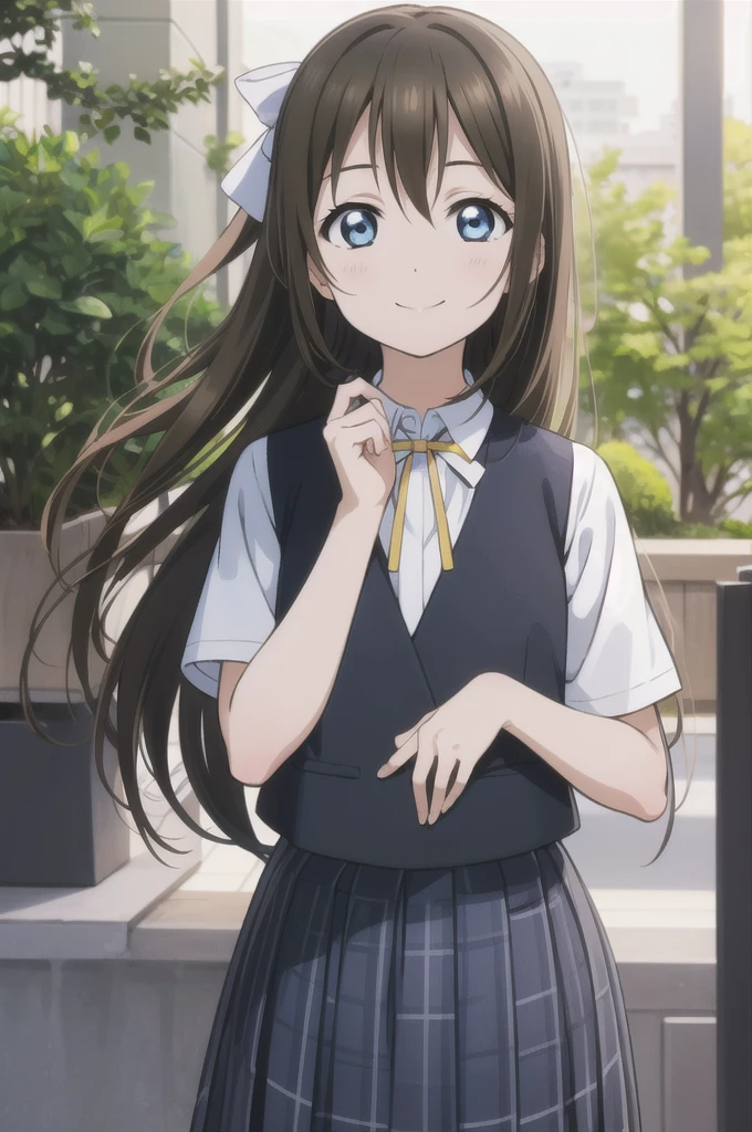 (best quality, masterpiece:1.2), 1girl, solo, cute, smile,  detailed background, (looking at viewer, solo focus:1.2), light on face, sky, blue sky, upper body, sunlight, lens flare, depth of field, scenery, closed mouth,
osaka shizuku, long hair,( hair ribbon:1.2), blue eyes, black hair, straight hair, nijigasaki academy school uniform