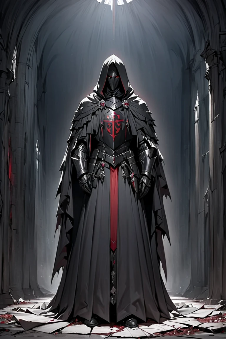  Templars , male, Red Eyes, Wearing a hood,  wears heavy armor,Dark knight cloak style ,  background dark dark dark church,Full body picture.  height detail 