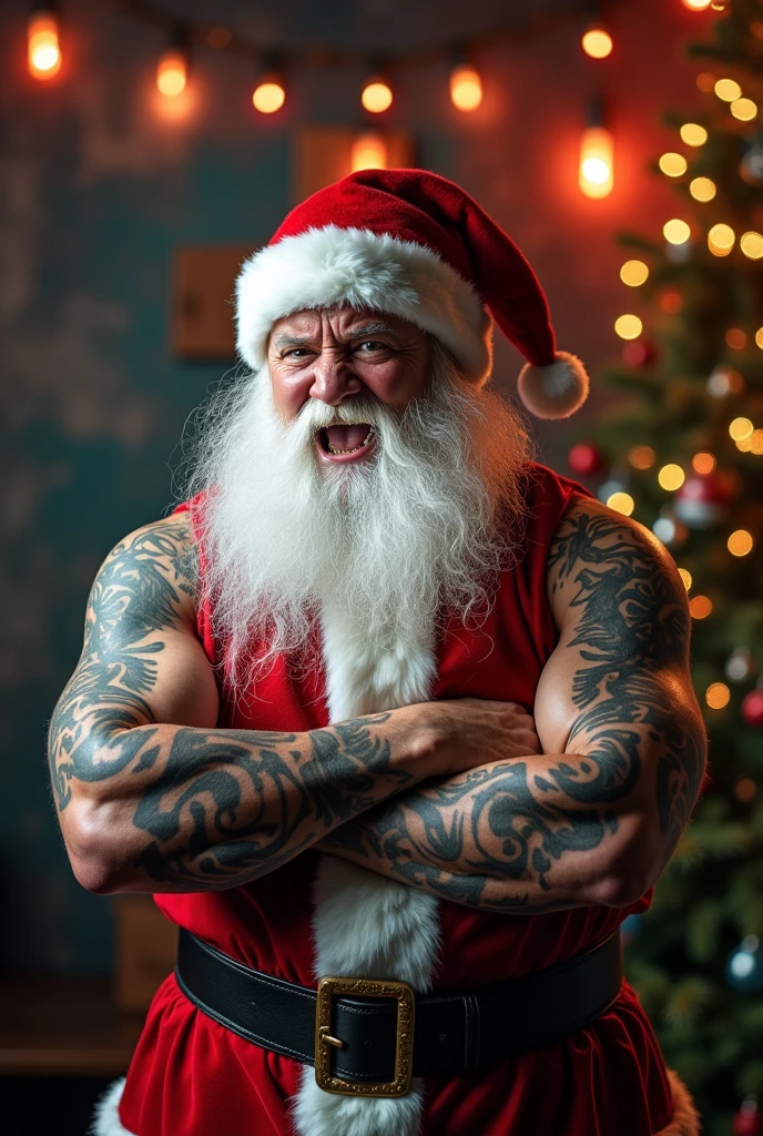 A portrait full body photograph Atractive Santa Claus mid age heavy trucker-driver, red letter gloves, Strong, muscular, hairy big belly bodybuilder, red jockstrap showing very hairy groin area, big bulge epic realistic, photo, faded, neutral colors, ((((hdr)))), muted colors, intricate scene, artstation, intricate details, vignette --auto --s2