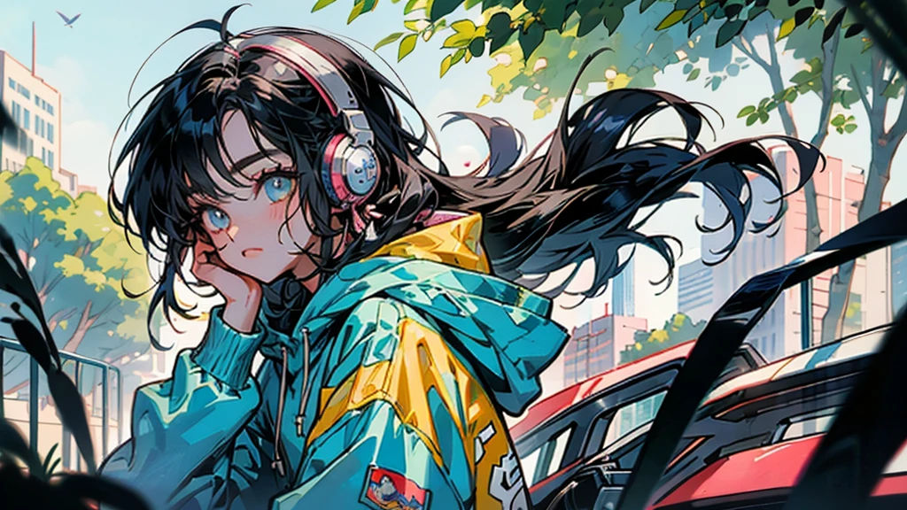 "80s anime style, featuring a single character: an adult woman with long, straight black hair, wearing a trendy hoodie. She is in a park, listening to music with headphones, bathed in sunlight, surrounded by a calm and quiet atmosphere under a bright and simple sky."