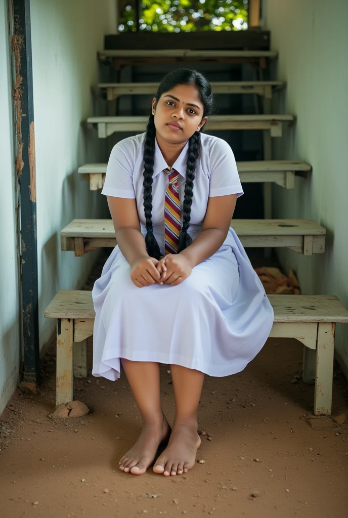 beautiful cute Sri Lankan school girl, in barefoot, Large breast size , medium size body, , wearing a white frock and a colored tie. She has plaits, black braided long hair, cinematic lighting, glowing, movie filter, moody effect, thick body, beautiful Sri Lankan girl face, dark skin tone, oily skin, sitting on a bench at corner of a school playground, dusty environment, dusty sweaty feet