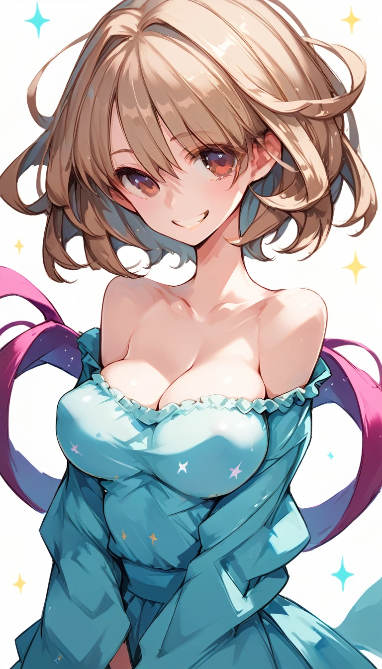 (score_9, score_8_up, score_7_up, score_6_up, score_5_up, score_4_up, just describe what you want, tag1, tag2, highest quality, Best quality, masterpiece,) BREAK she has large breasts, (((perky breasts))), ((covered nipples)), (cleavage) BREAK , slender waist, skinny, baby face , round face, brown eyes , BREAK (grin, ( happy), (half open eye), (parted lips), ) BREAK (messy chignon , hind hair, )  BREAK ((((extremely extremely close-up bust-up shot, looking at viewer, from front, from above )))), (((1 lady is putting hand on between legs an under breast, bending over , she is wearing oversized sheer casual dress, cropped shoulders, separate breasts, dropped breasts, scooping handful gesture with hands nearby her chin, sparkle, glitter, ))),