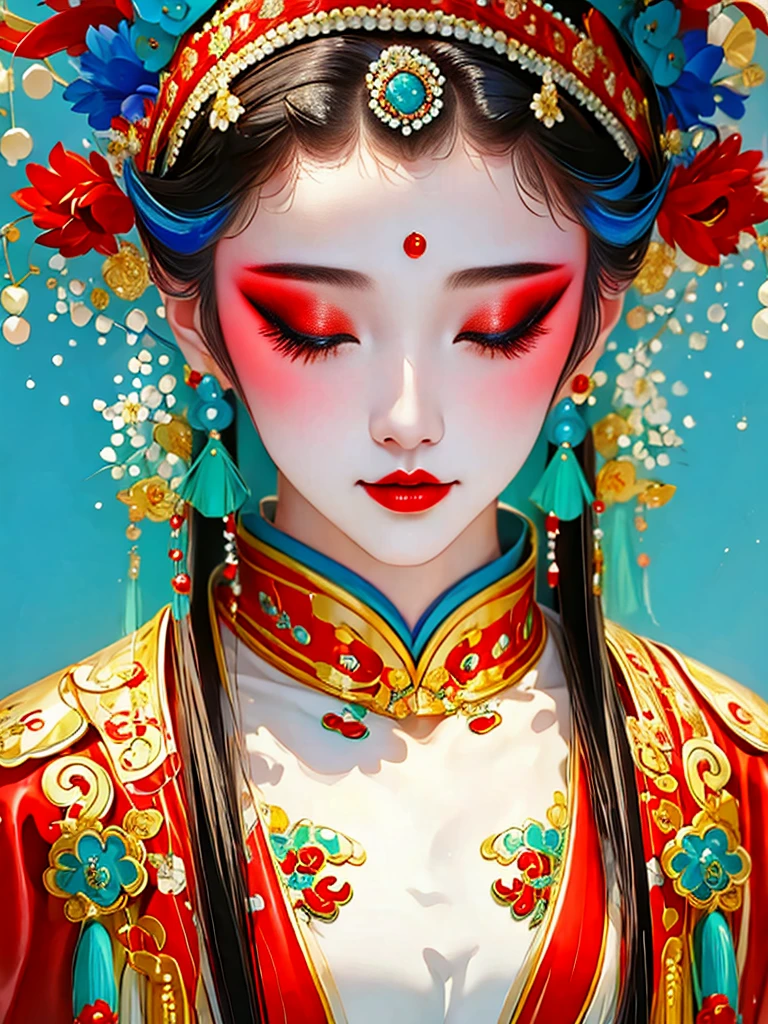 (masterpiece,  Best Quality :1.2), 1 girl at home, beautiful ，portrait，Chinese Peking Opera ，Gorgeous Clothing，Exquisite headdress， Flower headdress ，tassel，pearl， clean background， blue， red ，Green