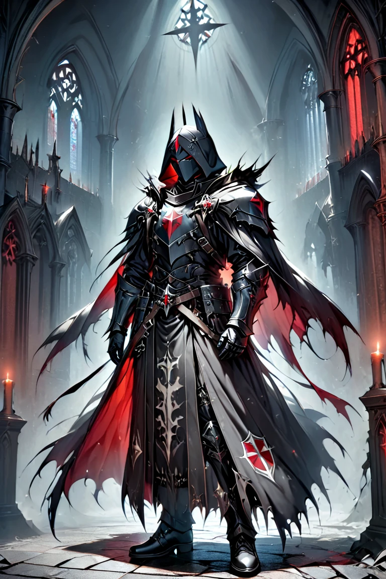  Templars , male, Red Eyes, Wearing a hood,  wears heavy armor,Dark knight cloak style ,  background dark dark dark church,Full body picture.  height detail 