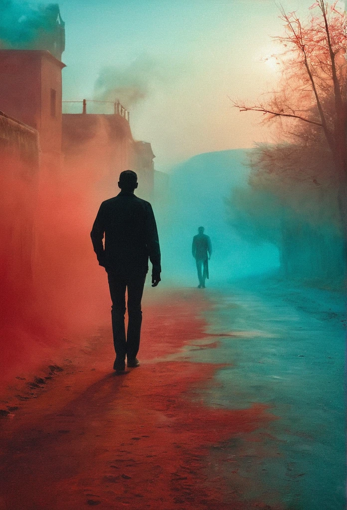 (best quality) , (masterpiece) , Wallpaper, a side view of a silhouette person walking in red mist, cyan background, painterly, expansive, expressive, artistic, scary mood, Bright design, Gloomcore, Offset print, ((award winning graphic design))
