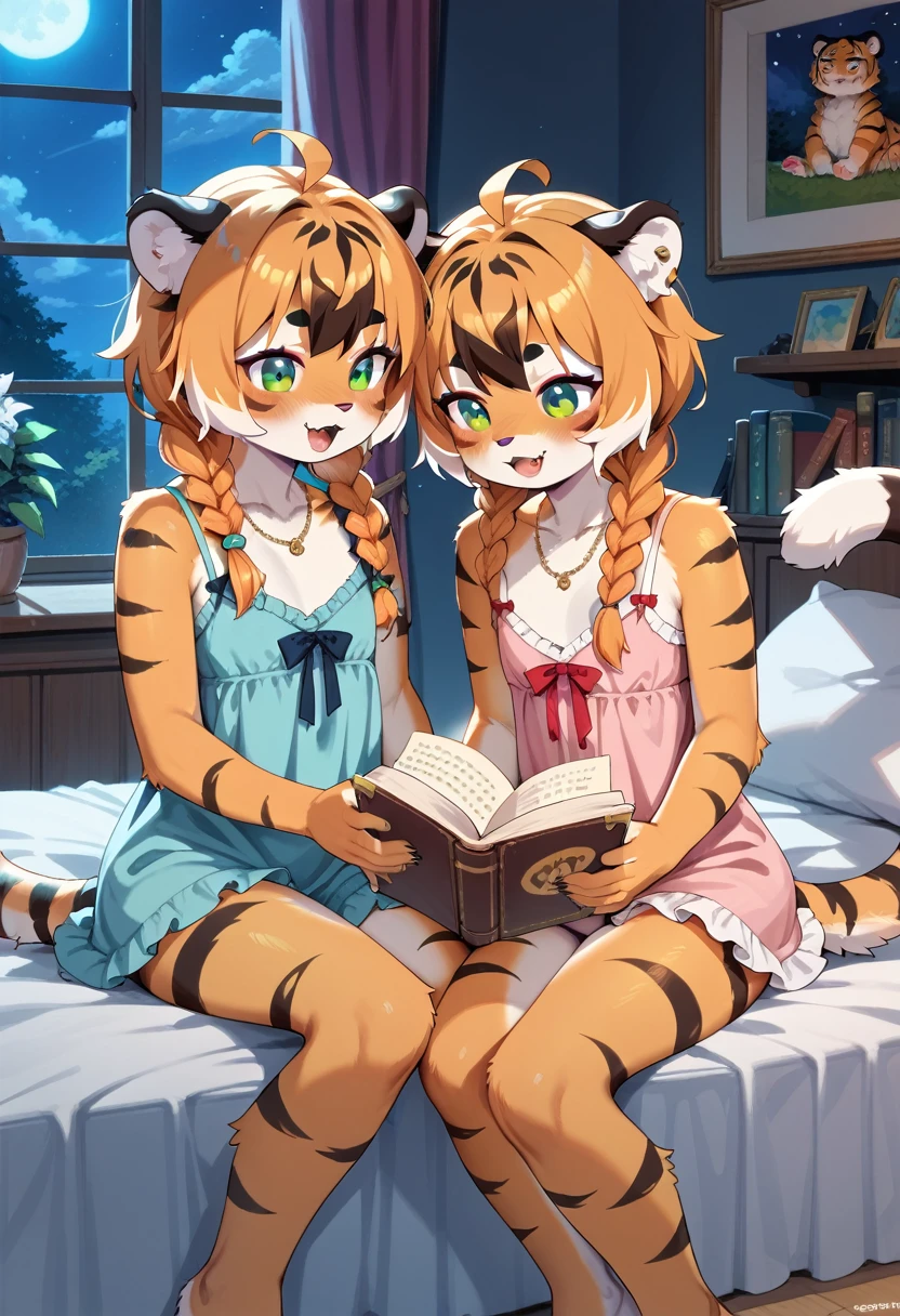 masterpiece, high resolution, best quality, baby body, baby height, flat chest, baby face, furry tiger (two girls:1.5), twins sitting on the bed and reading books, nightie, tiger ears, tiger tail, fluffy fur, multicolored hair, twin braids, piercing, makeup, tattoo, bedroom, night