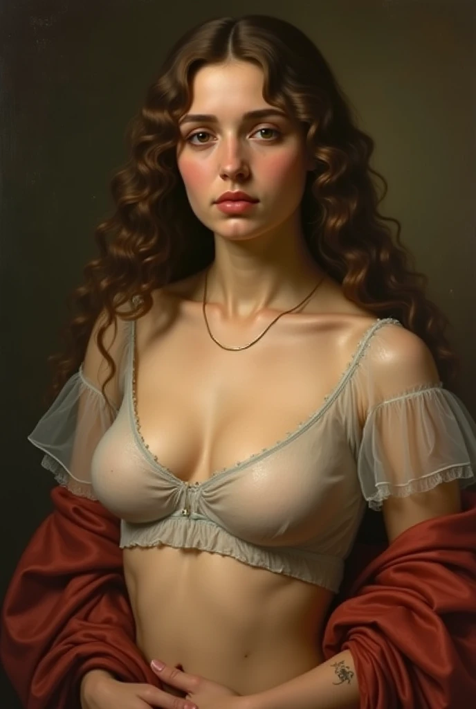 watercolor painting of a pale skin woman resembling Emma Watson, long wavy hair cascading down her shoulders, ((muscular body:1.1)), defined muscles in her arms and legs, large muscles accentuating her physique, huge breasts, nude, set against a softly blurred background featuring vibrant, classic elements in the style of Norman Rockwell, showcasing a blend of realism and artistic detail