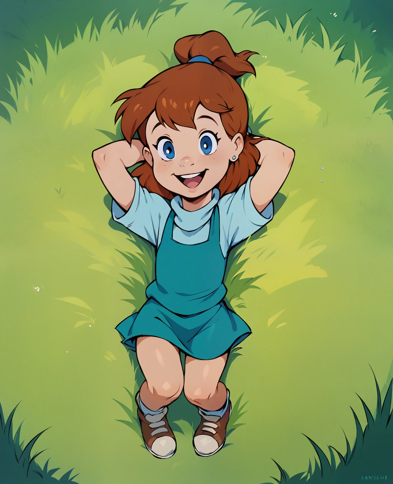 score_8, score_9, jenny, brown hair, ponytail, blue eyes, earrings, lying on back, in grass, hands behind head, open smile, full body