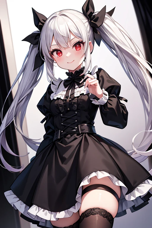 White gothic dress、Black shorts、Twin tails、 body、flat body、Wide-legged shorts、Shorts and thigh gap