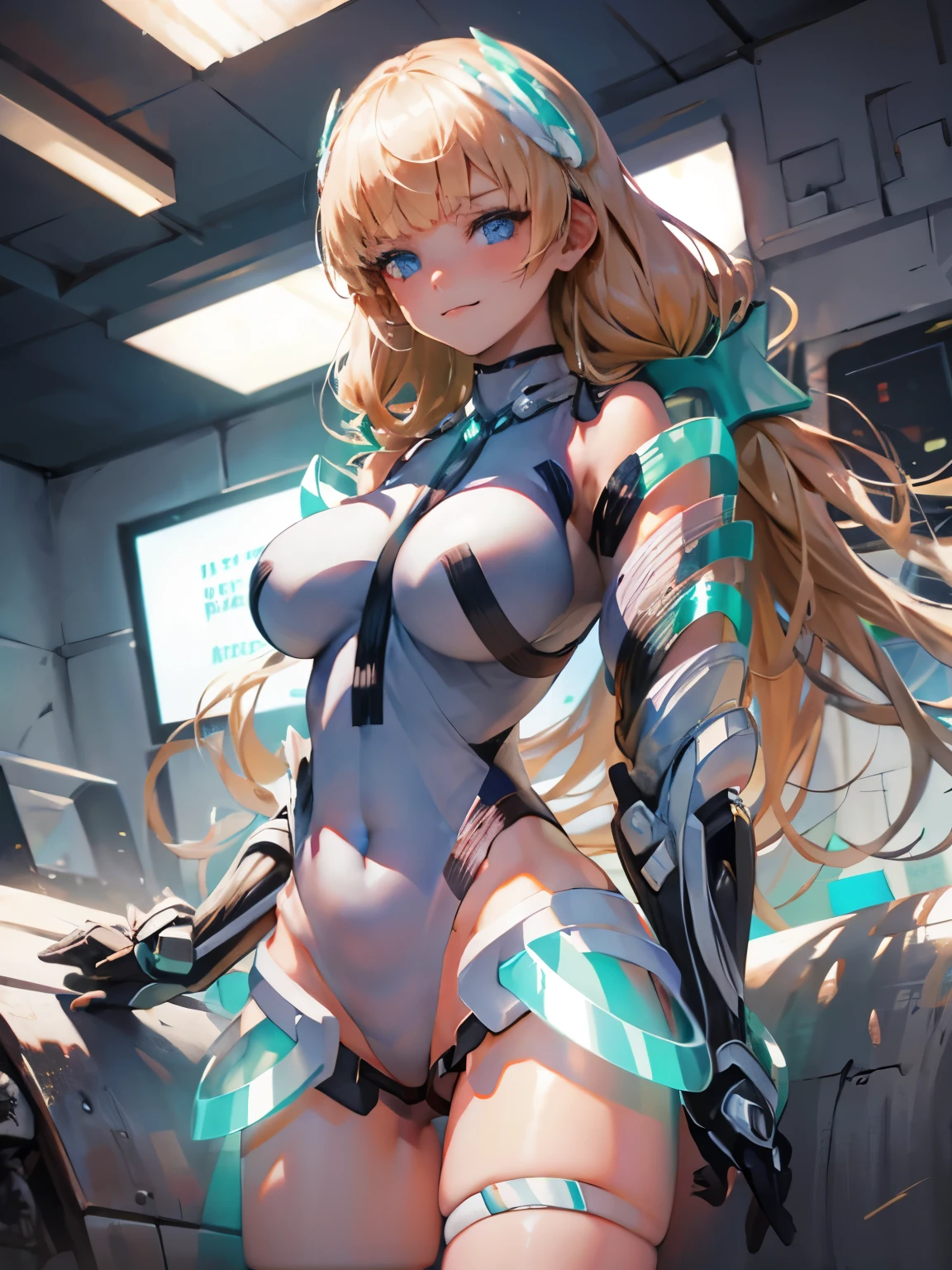  1 girl,Alone,  smiles lightly,Big Breasts, deva battle suit,Gloves, very long hair,Angela Balzac, blonde_hair,long hair,Face here and open your crotch,clear blue eyes,round eyes ,  embarrassed smile,  headgear , skinny, Rose twine tail tied at shoulder position, cowboy shots, super low angle , charming body , I have a big butt , Viewers, face forward ,The background is inside a futuristic robot cockpit,Face here and open your crotch,Clear neon blue eyes with camera in the crotch ,Focus on the crotch, M-shaped leg opening,