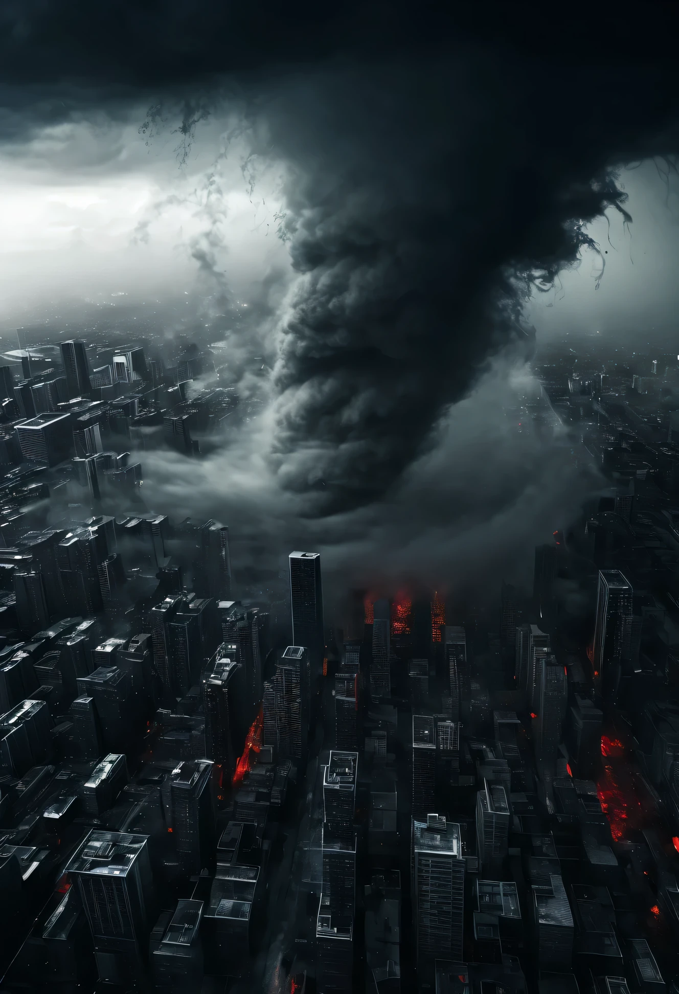 wallpaper (8K quality) very detailed, tornado storm destroying the city. have red eyes (scary)(Intimidation) (Cinematic) (fog) (Dynamic angle) Ensure high resolution, realistic images.