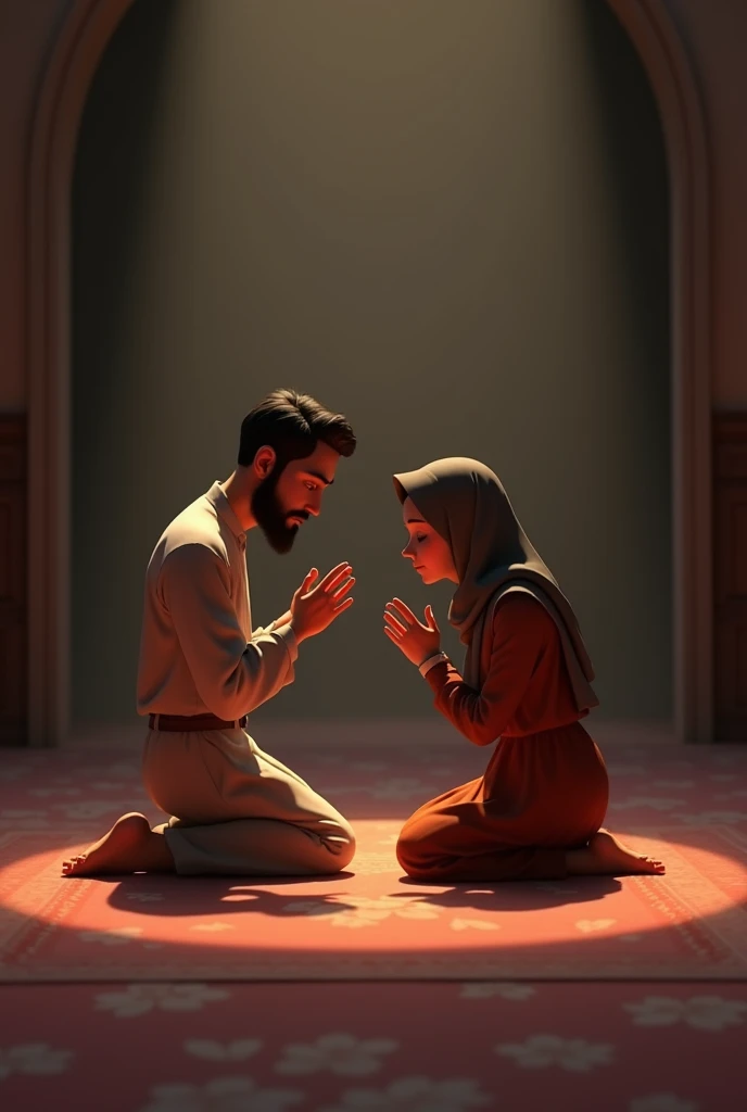 Animated image of a black-haired Muslim man wearing a white turban with a large body kissing the hand of an old woman crying in tears in front of the Kaaba. 