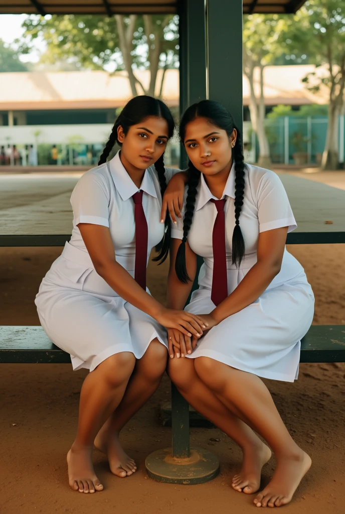 beautiful cute two Sri Lankan school girls, in barefoot, Large breast size , medium size body, , wearing a white frock and a dark red tie. both girls has has plaits, black braided long hair, cinematic lighting, glowing, movie filter, moody effect, thick body, beautiful Sri Lankan girl face, dark skin tone, oily skin, sitting on a bench, next to each other, at corner of a school playground, dusty environment, both girls feet are dusty sweaty.