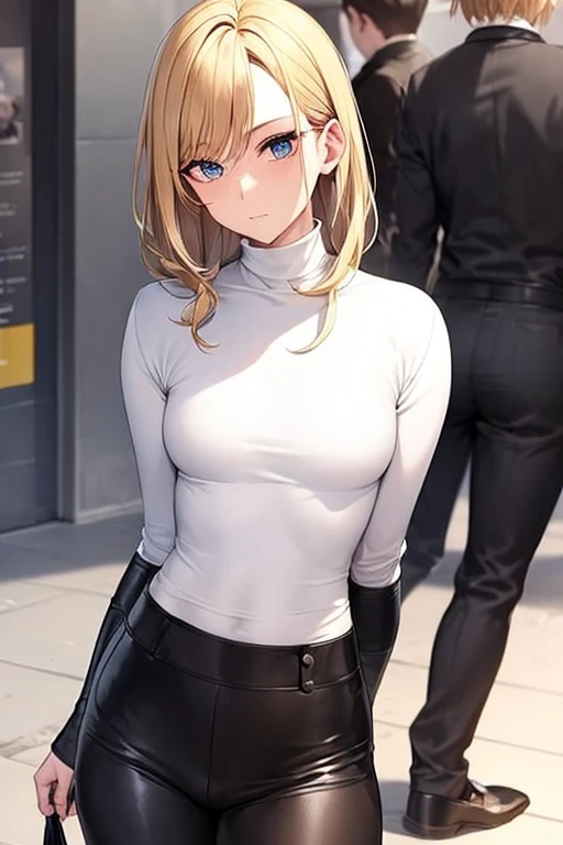 Alone、masterpiece, best quality, there is nothing,  multiple people having fun in very detailed situations々 , (  flat chest), Ribbed sweater,  turtleneck, blonde, black skinny pants,  wavy hair in front of the station,  semi-long hair tip ,   boyish  ,  false girl ,  cool look,  large jacket 