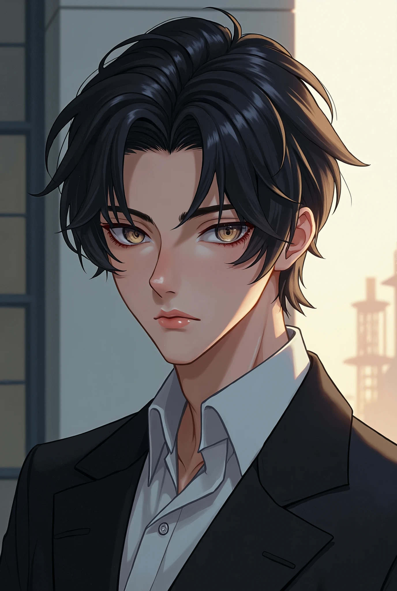 Anime - style image of a man in a suit and tie looking at the camera ...