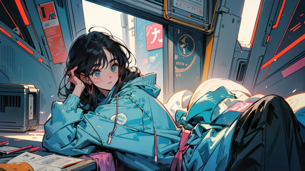 "80s anime style, featuring a single character: an adult woman with long, straight black hair, wearing a trendy hoodie. She is in an open, spacious area, listening to music with headphones, bathed in sunlight, surrounded by a calm and quiet atmosphere under a bright and simple sky."