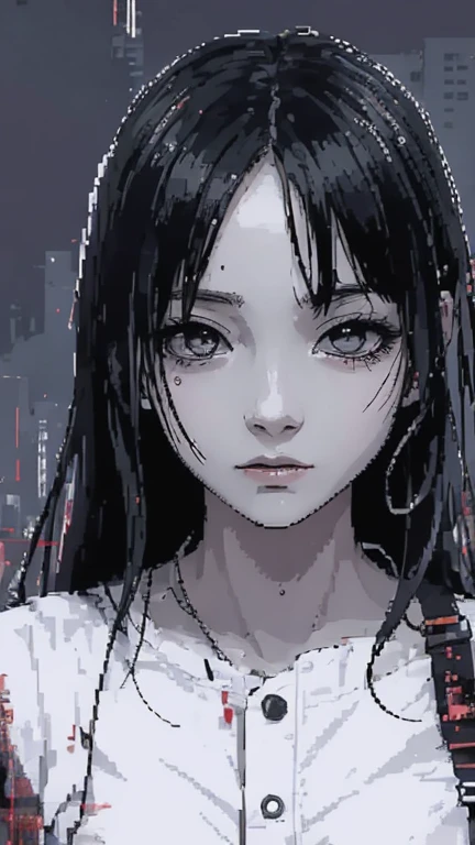 [Pixel art . Anime Girl 1, in a terrible style of manga; The state of anxious immobility, the mood of the dark riddle and subcultural anxiety], [Pixel Art, Manga Style, Horror], [Revolution of pixel art 128x128, with bright white moments; The background of the dark forest or the black -white interior of the building with the effects of driving, suggesting decay; scars on the face, blood on the body; Focus on alarming details, such as eyes and distorted mouths; Drainage images are thinly included in the background or clothes.]