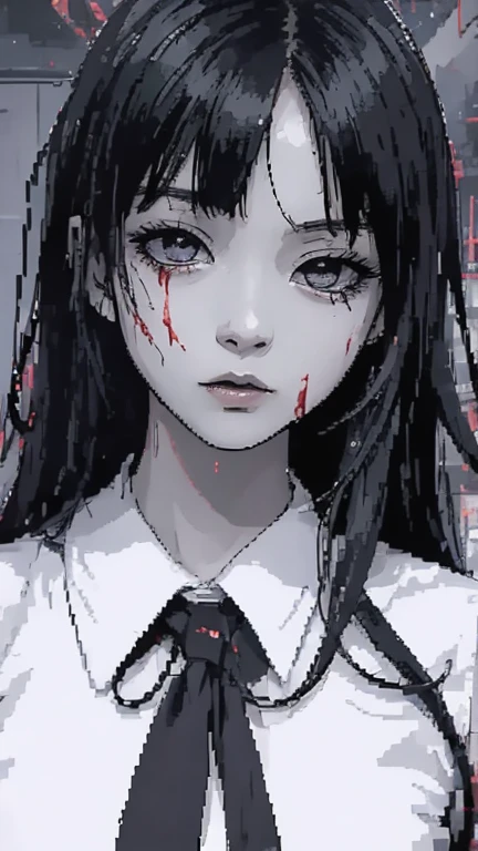 [Pixel art . Anime Girl 1, in a terrible style of manga; The state of anxious immobility, the mood of the dark riddle and subcultural anxiety], [Pixel Art, Manga Style, Horror], [Revolution of pixel art 128x128, with bright white moments; The background of the dark forest or the black -white interior of the building with the effects of driving, suggesting decay; scars on the face, blood on the body; Focus on alarming details, such as eyes and distorted mouths; Drainage images are thinly included in the background or clothes.]