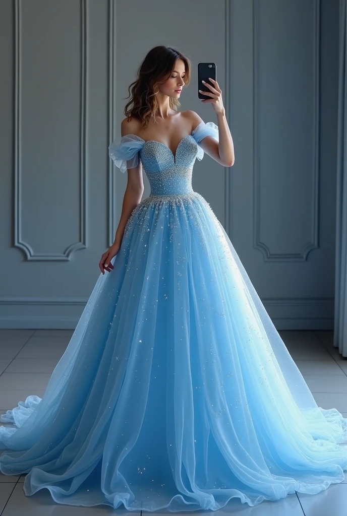 "Create an image of a woman wearing an elegant, ethereal blue ball gown ...