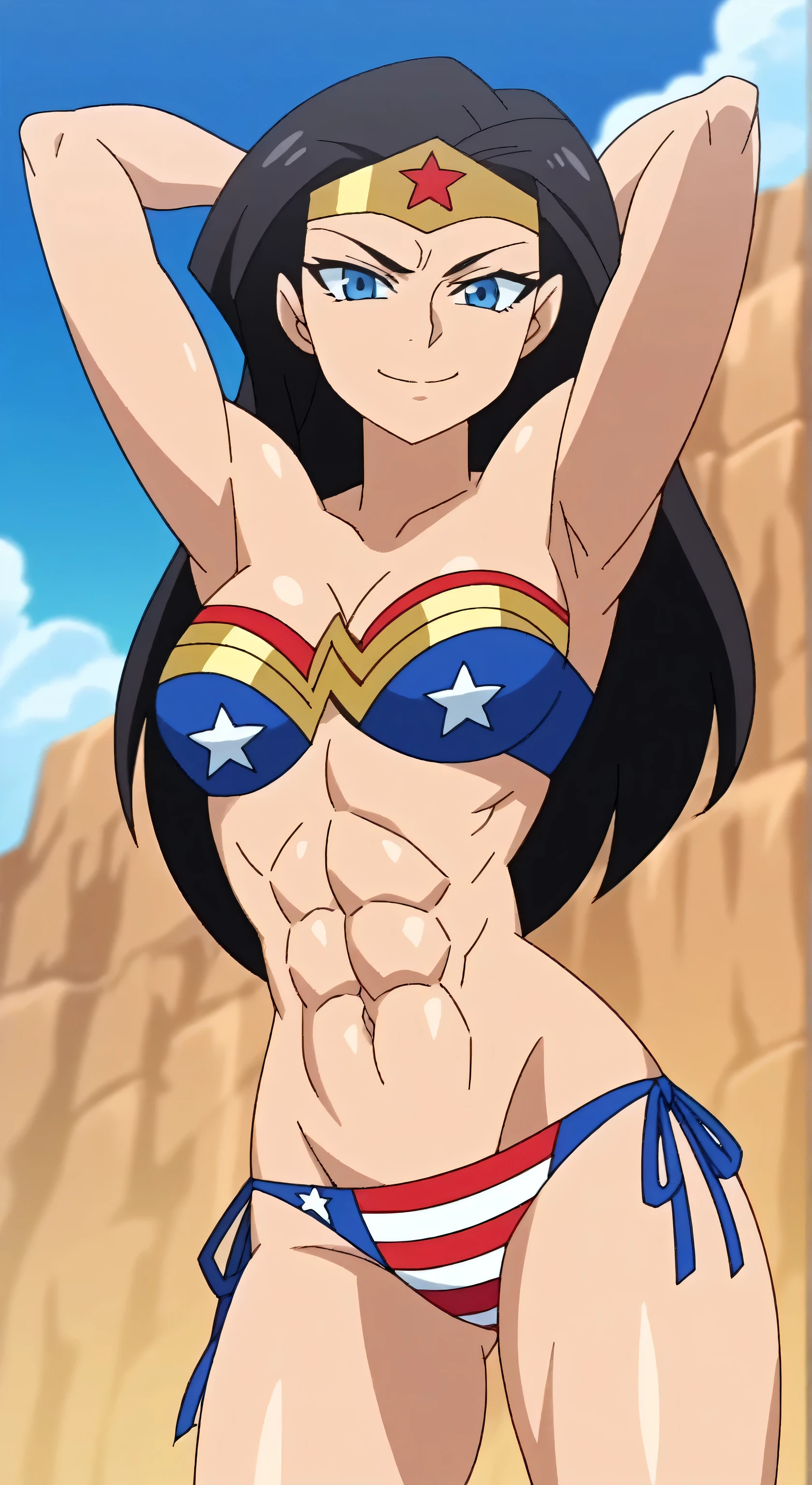 score_9, score_8_up, score_7_up, source_anime, anime screencap, 1girl, solo, diana prince, blue eyes, black hair, long hair, blue eyes, American print bikini, side tie bikini, arms up, raised arms, armpits, from below, looking at viewer, head towards viewer, smile, closed mouth, badhandv4, outdoors, day, beach, (abs:1.1), thighs, bellybutton 