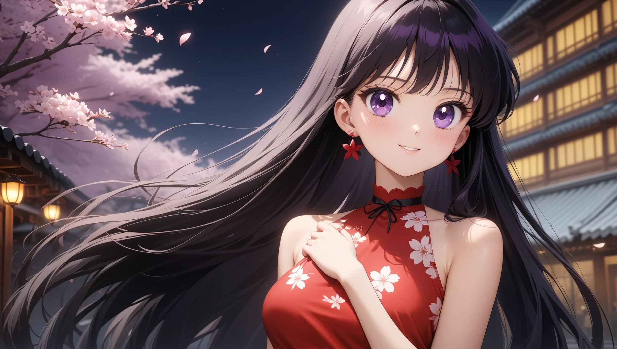 colorful, (masterpiece, best quality, very aesthetic , ultra detailed), intriguing details , 4K, long hair, black hair, hair combed to the side, earrings, purple eyes, small breast, hand of own face, 1girl, usagi's birthday, cute red dress with neck, white cherry blossoms printed, smile, black belt, detailed background, intricate details, black night, Various sexy poses, Depicts the whole body