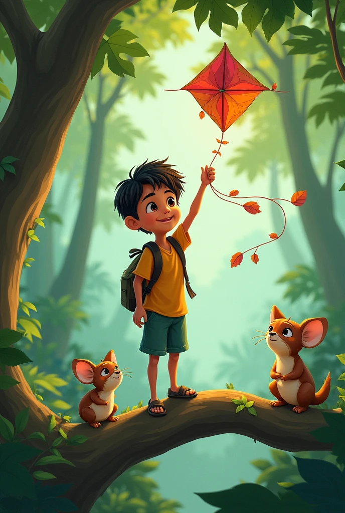 "Champu stands confidently on a tall tree branch, holding his leaf-made kite tightly. The wind rustles the leaves, and the forest animals below look up in anticipation."

