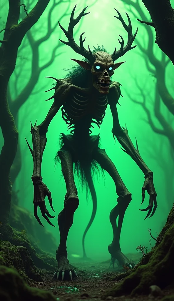 Disgusting skeletal deformed hairy chimera with long pointy tail no legs no eyes and long horns, half dark academia, Estilo da DC Comics, Estilo da DC Comics