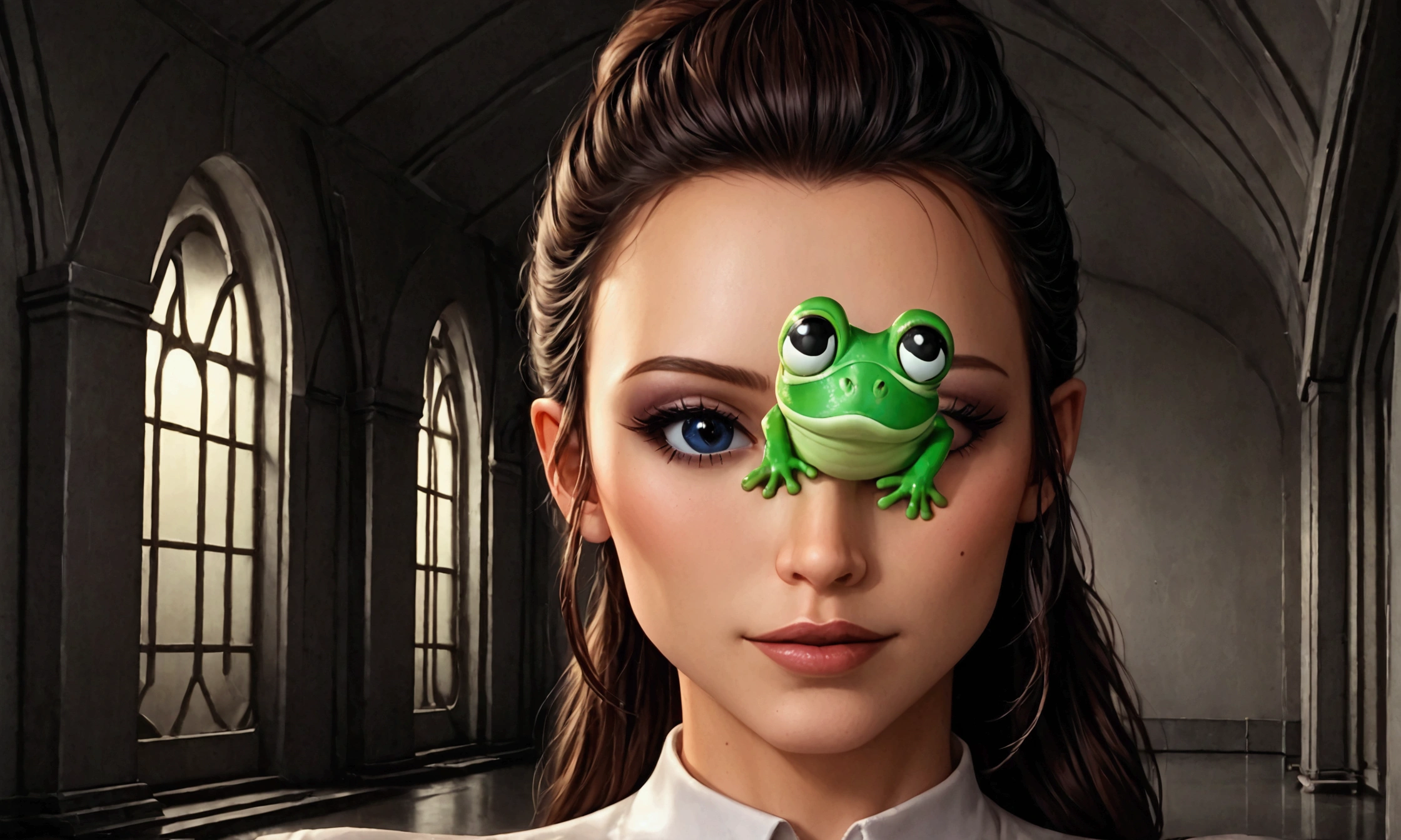 Star Wars Grogu is looking all cute and innocent petting a frog. Alien swamp
