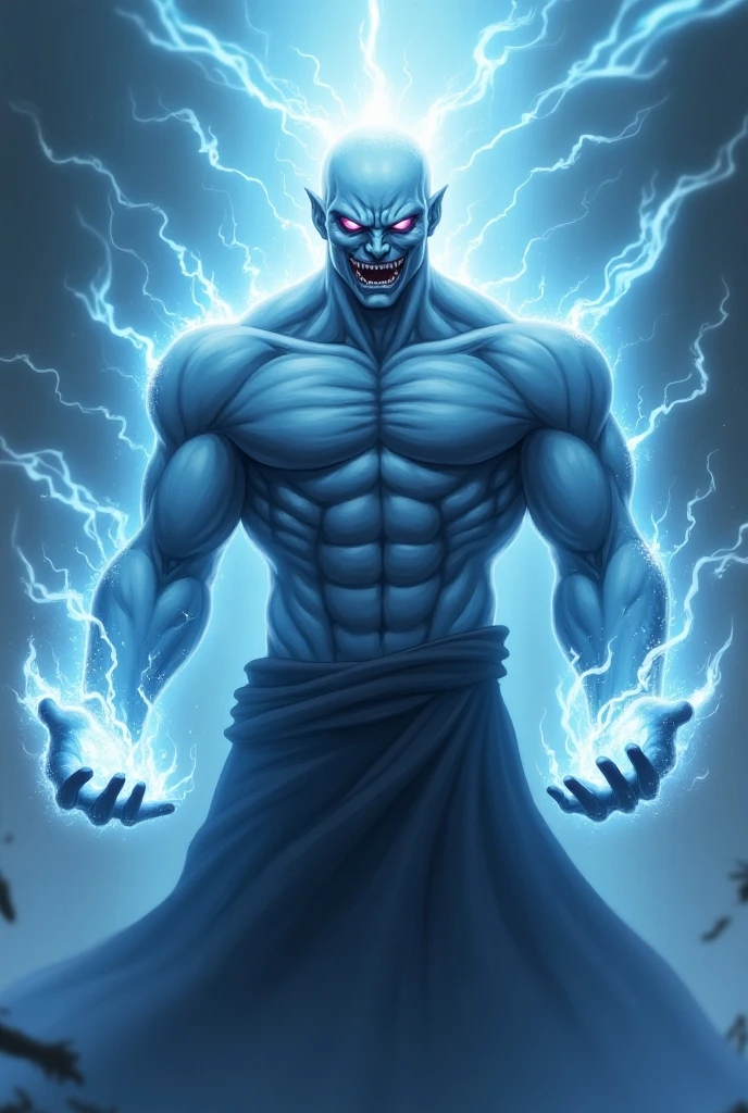 A demon without horns or hair, with a body of blue fire and hands of dark blue fire , with a sword of blue fire and light