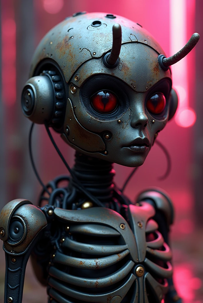 Mecha cyber demon zombie pixie in a futuristic laboratory, glowing circuitry wings on back, intricate mechanical limbs and machinery, glass chambers filled with bubbling liquid, 1girl,bionic eyes, cybernetic face enhancements, 
 <lora:Chrome_Tech_XL:1>, chrometech 
<lora:zkeleton:1>, zkeleton