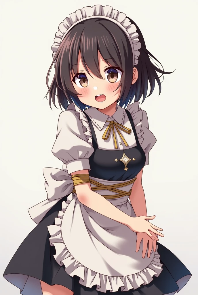 ((masterpiece,highest quality)), confused, Kitasan_black_Umamusume, animal ears, ,Horse tail, short hair, striped hair, hair ornaments, medium breasts, horse tail, wearing a maid outfit, alone, smile with open mouth, looking at the viewer, cowboy shot,skirt lift,(fully exposed panties),butt
